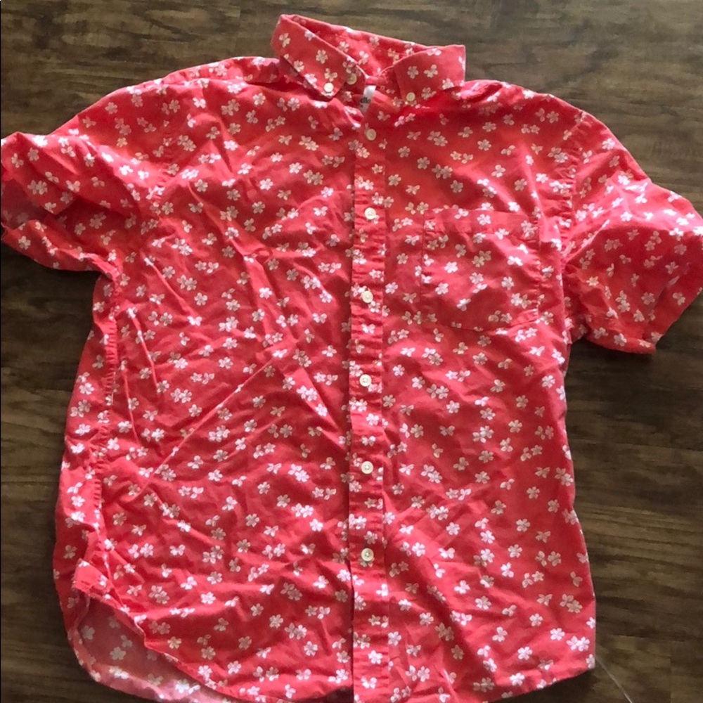 Red floral print button down